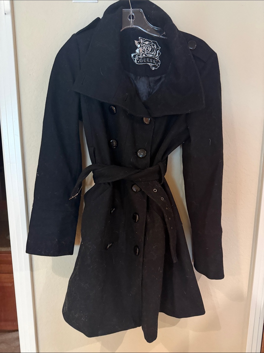 GUESS Women's Black Double-Breasted Trench Coat with Belt